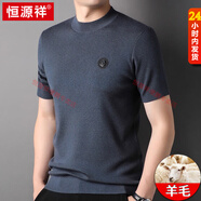 恒源祥羊毛針織衫短袖t恤男半袖打底毛衣秋冬季時(shí)尚刺繡圓領(lǐng)男裝上衣厚 蘭灰 3XL 190【適合170-190斤】