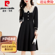 皮爾卡丹（pierre cardin）高貴溫柔風(fēng)長(zhǎng)袖連衣裙娃娃領(lǐng)收腰顯瘦遮肚中長(zhǎng)裙子女2024春秋新款 黑色 L 90-110斤