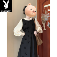 花花公子（PLAYBOY）赫本風(fēng)連衣裙女秋季2025新款感法式穿搭小個(gè)子假兩件氣質(zhì)長(zhǎng)裙 假兩件黑色連衣裙【現(xiàn)貨速發(fā)】 【升級(jí)版植絨-撞白黑 L 【建議105-118斤】