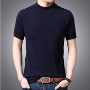 鄂爾多斯市短袖羊毛衫男中青年針織毛衣半高領(lǐng)韓版半袖打底衣潮 上青色 M  165碼