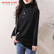 SAVAGE LOVE2025秋冬打底衫女裝內搭高領(lǐng)t恤加絨大碼中長(cháng)款寬松遮肚子上衣 黑色 春秋常規款 L 100-115斤