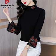 皮爾卡丹（pierre cardin）2025春秋新款上衣打底衫半高領(lǐng)刺繡黑色國風(fēng)復古民族風(fēng)喇叭袖t恤 黑色 XL 【建議105-120斤】