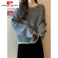 皮爾卡丹（pierre cardin）大碼女裝秋冬法式小香風(fēng)亮片套頭毛衣內搭胖mm顯瘦灰色針織衫上衣 深灰今年流行/設計感小眾/冷淡系感/別致甜辣很仙的/鹽 L 【100-120斤】