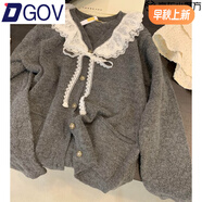 DGOV娃娃領(lǐng)毛衣女秋季慵懶可愛(ài)甜美蕾絲V領(lǐng)針織開(kāi)衫外套日系溫柔上衣 灰色zt S 建議70-95斤