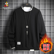 稻草人（MEXICAN）加絨衛衣男冬季新款韓版寬松圓領(lǐng)長(cháng)t假兩件套頭衫 黑色加絨 2XL