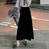 花花公子（PLAYBOY）金絲絨高腰長(cháng)裙女顯瘦A字裙2025新款 黑色 XS