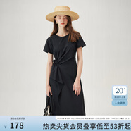 范思藍(lán)恩夏季圓領(lǐng)抽繩褶皺設(shè)計(jì)感連衣裙女2024夏裝新款白色高腰A字裙女 黑色 XL