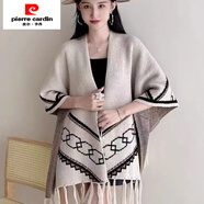 皮爾卡丹（pierre cardin）2025秋冬民族風西藏旅游穿搭斗篷外套披肩圍巾外搭韓版針織衫披風 米色
