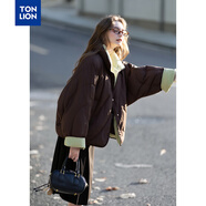 唐獅（TonLion）2025冬女撞色燈芯絨拼接蝙蝠袖短款羽絨服柔系美式加厚面包服外套