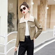 落跑姐妹設計感短款皮衣外套女2025秋季翻領(lǐng)時(shí)尚小個(gè)子綿夾克上衣 軍綠色 M