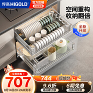 悍高（HIGOLD） 廚房櫥柜拉籃碗架抽屜式碗籃加厚304不銹鋼底板調味籃雙層碗碟籃 800柜2層-時(shí)尚304實(shí)心圓鋼升級款