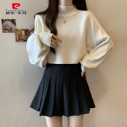 皮爾卡丹半高領(lǐng)針織打底衫女春秋大碼胖mm顯瘦上衣今年流行的漂亮毛衣 杏色【超洋氣歐貨小衫/寬松慵懶風(fēng)/設計感小眾別致獨 M 【建議80-100斤】