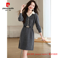 皮爾卡丹（pierre cardin）品牌高檔輕奢設計感假兩件翻領(lǐng)針織連衣裙2025女秋冬小個(gè)子顯瘦打 品牌高端新品-灰色 S