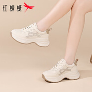 紅蜻蜓女鞋老爹鞋小白鞋運動(dòng)鞋大碼女鞋秋季新款厚底增高跑步鞋休閑鞋 米/卡其色（跟高6cm） 41