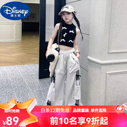 迪士尼（Disney）女童工裝褲套裝夏季2025新款中大童時(shí)尚小背心蝴蝶結(jié)綁帶休閑長褲 單件米褲 140 cm