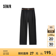 Semir[商場同款]森馬休閑褲女卷邊七分褲顯瘦秋2024新款純棉闊腿褲百搭 黑色90001 170/74A/XL