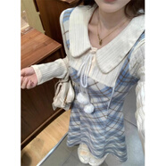 園翌學(xué)院風(fēng)蕾絲假兩件連衣裙女冬季2025小個(gè)子氣質(zhì)高腰顯瘦長(cháng)裙子 藍色 S