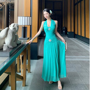 MOKITOUL國際高級感法式氣質(zhì)名媛風(fēng)V領(lǐng)掛頸洋裝修身掐腰裙網(wǎng)紗綁帶露背長(cháng) 綠色 S