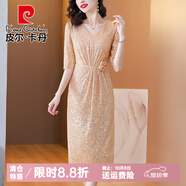 皮爾卡丹法式連衣裙2025女新款夏季婚禮媽媽裝亮片洋氣顯瘦裙子質(zhì)感高級(jí)感 金色 M (建議100-115斤)