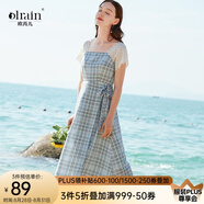 Olrain歐芮兒夏裝女裝短袖蕾絲拼接格子連衣裙女中長(cháng)款氣質(zhì)A字裙 藍色 M