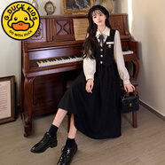 G.duck女童假兩件連衣裙少女秋裝2025新款初中高中生學(xué)院風(fēng)收腰甜美長(cháng)裙 黑色 170 M
