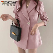 啄木鳥(niǎo)網(wǎng)紅垂感西裝外套女春秋韓國版英倫風(fēng)寬松休閑黑色西服上衣 粉色 M