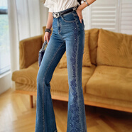 粉紅大布娃娃高腰喇叭牛仔褲刺繡鑲鉆設計感顯瘦長(cháng)褲女秋2025新款 牛仔藍色 28