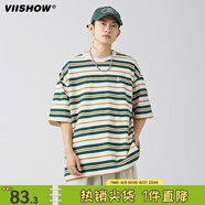 viishow日系潮牌條紋圓領(lǐng)短袖T恤男夏季寬松情侶百搭半袖tee 綠色 XL