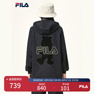 FILA斐樂官方女裝外套秋季上衣多彩潮流加絨保暖開衫連帽小熊外套 正黑色-F51W138599FBK(加絨) 180/96A/XXL