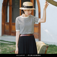薩拉維夫（SLLAVIF）品牌時(shí)尚圓領(lǐng)條紋針織衫短袖t恤女夏季薄款寬松顯瘦短款上衣女款 黑杏條紋 S