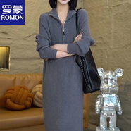 羅蒙（ROMON）官方高級感時(shí)尚過(guò)膝針織連衣裙春秋新款加厚寬松顯瘦百搭長(cháng)款毛衣 灰色【優(yōu)質(zhì)厚款】 3XL _140-145斤