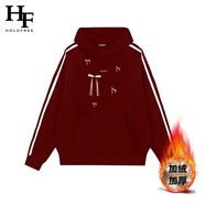 HoldfreeHOLDFREE黑色三條杠連帽衛(wèi)衣秋冬新款美式寬松加絨長袖t恤女上衣 酒紅色【加絨款】 S