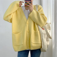 睿澈毛衣開(kāi)衫女外套慵懶風(fēng)韓版寬松中長(cháng)款外穿春季新款v領(lǐng)風(fēng)針織衫上 黃色 L 建議105-115斤