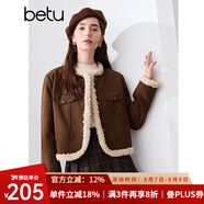 百圖betu女裝冬季新款短外套圓領(lǐng)拼色燈蕊絨夾棉外套女2410T65 深駝色 L