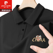 皮爾卡丹短袖男士polo.衫純棉2025新款重磅翻領男款半袖夏季國潮醒獅T恤男 重磅-黑色【C324】 M -120斤