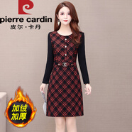皮爾卡丹格子連衣裙冬裝2025秋冬新款媽媽洋氣小個(gè)子內搭加絨加厚打底裙子 紅色(加絨款) XL 100-110斤