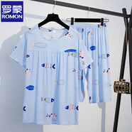 羅蒙（ROMON）棉綢睡衣女短袖短褲加肥加大碼寬松家居服柔軟簡約胖m200斤可穿 棉綢睡衣《加大版》01 藍(lán)底大魚 XL 115-130斤