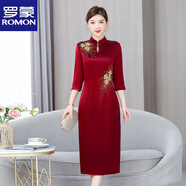 羅蒙（ROMON）喜婆婆婚宴裝年輕款2025春秋新款旗袍媽媽高貴高端紅色敬酒服裙子 酒紅色【喜婆婆喜媽媽禮服/媽媽 2XL 【建議125-140斤】
