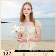 三彩2025夏季新款木耳邊荷葉袖蝴蝶印花雪紡連衣裙大擺長裙M 杏色花卉 L 165/88A