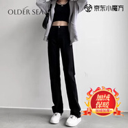 OLDER SEA黑色直筒牛仔褲女修身彈力美式秋季2025新款百搭高腰顯瘦長褲子女 黑色 加絨 S 建議80-95斤