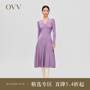 OVV2023秋冬新款女裝舒適V領(lǐng)A字廓形下擺傘裙長(cháng)袖針織連衣裙 淺紫（凈色）A1 L