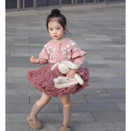 京噶女童tutu裙套裝女寶寶秋冬韓版百搭馬海毛毛衣蓬蓬裙半身裙套裝 仙霧粉立體繡花針織開(kāi)衫 90 CM