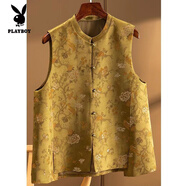 花花公子（PLAYBOY）新中式氣質(zhì)2025年春秋季小貴但真美印花緞A字馬甲女裝大碼背心女 黃色 2XL