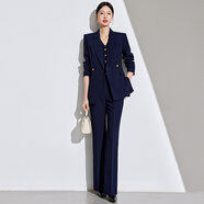 三彩適用通勤女裝公務(wù)員套裝上班服氣質(zhì)女神范 高端藍干練面試外 三件套/藏青色西裝+馬甲+微喇叭褲 S