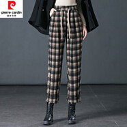 皮爾卡丹（pierre cardin）毛呢馬丁靴褲子搭配女新款秋冬小個子八分格子靴褲休閑直筒哈倫褲 黑卡格 M