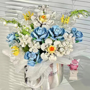 赟婭lE高難度玫瑰花積木花束拼裝永生花玩具520七夕送女神節生日禮物 藍白奇緣花桶【17朵+材料包】
