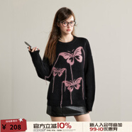 UNIFREE甜酷少女撞色蝴蝶提花流蘇裝飾寬松圓領套頭毛衣 黑色 M