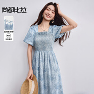 尚都比拉（Sentubila）泡泡袖連衣裙女夏季通勤設(shè)計(jì)感系綁帶方領(lǐng)打攬收腰裙子 藍(lán)花 M
