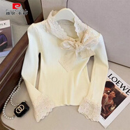 皮爾卡丹（pierre cardin）小香風(fēng)蝴蝶結針織衫女秋冬半高領(lǐng)泡泡袖上衣蕾絲邊打底衫內搭毛衣 白色 S