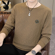 花花公子（PLAYBOY）提花男士加絨加厚長袖t恤潮流冬季體恤打底衫衛(wèi)衣秋季上衣服 【提花春秋款】502卡其色 M 90-120斤